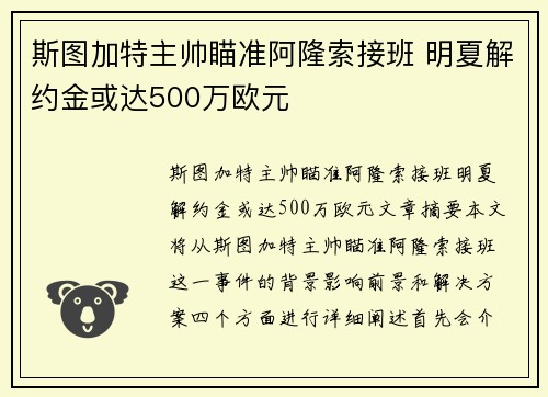 斯图加特主帅瞄准阿隆索接班 明夏解约金或达500万欧元